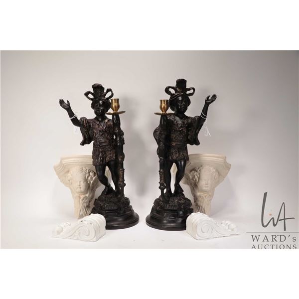 Pair of vintage Blackamoor candlesticks baroque figural candlesticks, plus two pairs of plaster corb