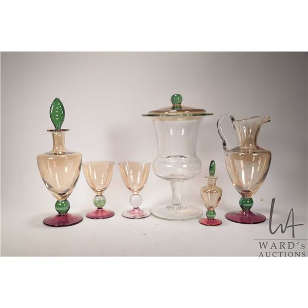 Tray lot of collectible glass including iridescent drinks vessels, wine glasses and colourless foote