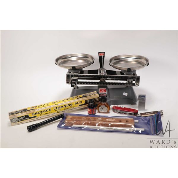 Selection of vintage collectibles including a Ohaus balance scale, a Razor Back knife sharpening kit