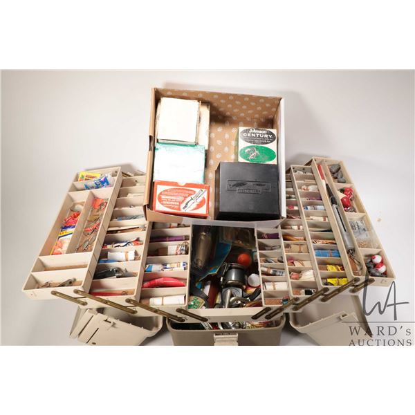 Fold out tackle box with an assortment of vintage and newer tackle, reels, hooks, scales and weights