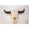 Image 1 : Hand carved cow skull with attached horns and turquoise decoration, 26" wide X 17"