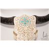 Image 5 : Hand carved cow skull with attached horns and turquoise decoration, 26" wide X 17"