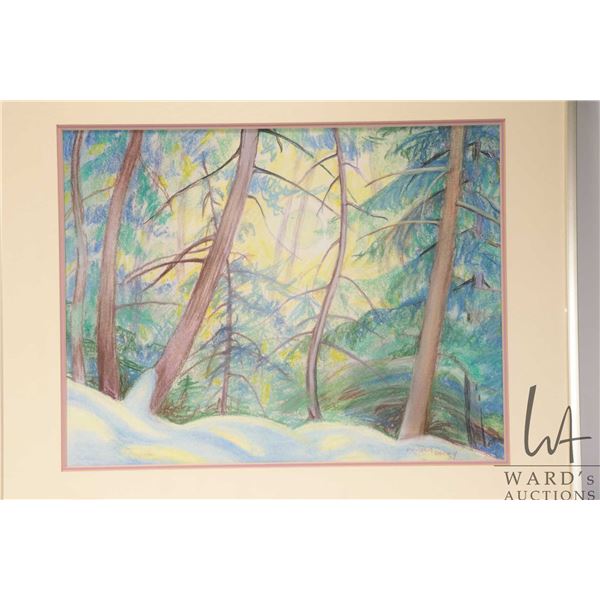 Annora Brown, original pastel on paper drawing on of a winter forest, 11" X 14 1/4". Note: newspaper
