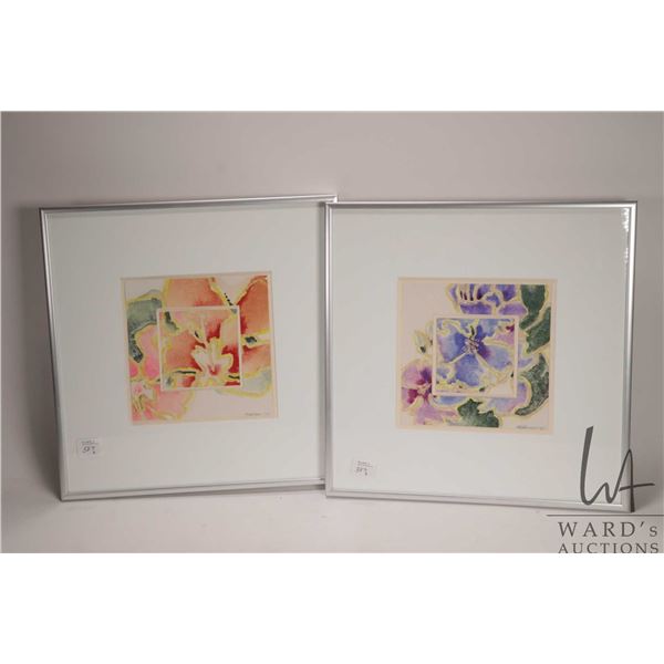 Malkinson, two original framed watercolour paintings, each depicting stylized flowers and each 6" X 