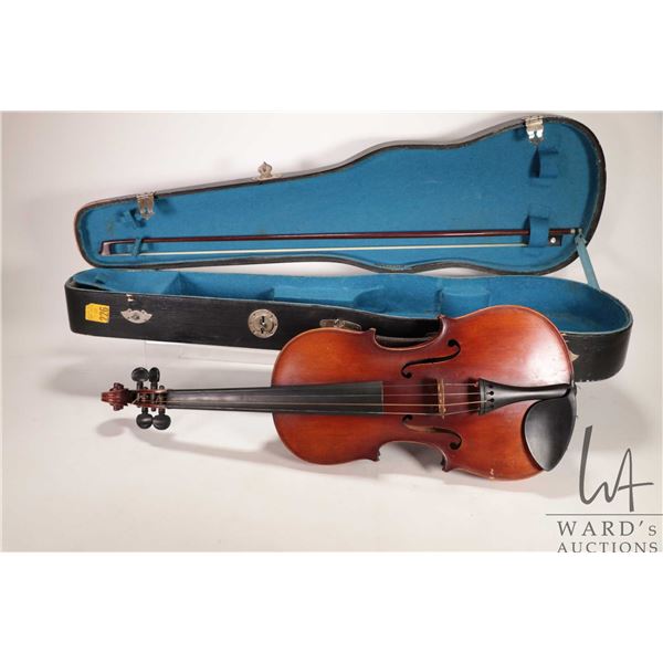 J. W. Briggs wooden violin case with violin and bow