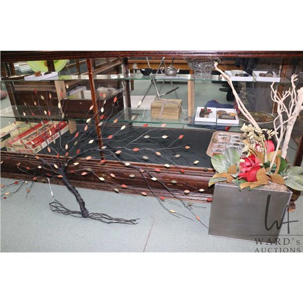 Large decor floral arrangement and twisted wirework wall mount tree with colourful leaves, 34" H X 6