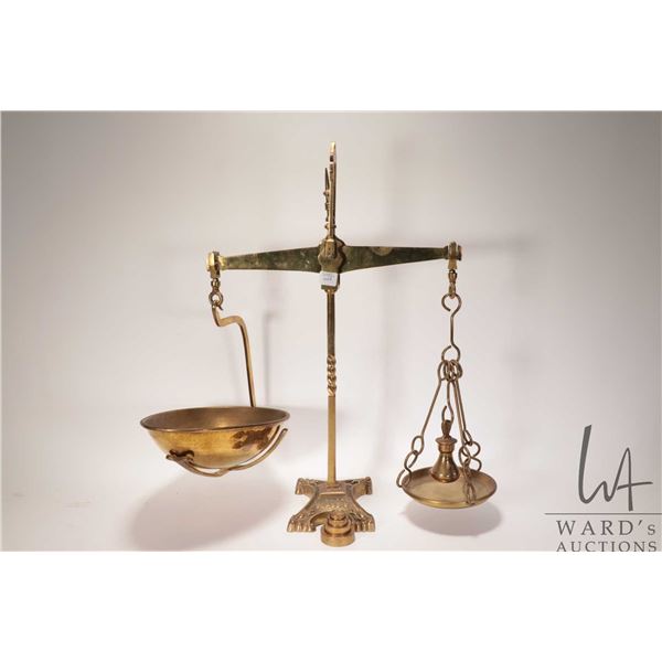Large brass balance scale with weights 22" in height