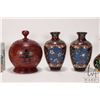 Image 3 : Tray lot of Asian collectibles including wooden lidded bowl, pair of 6" cloisonne vases, a 5" cloiss