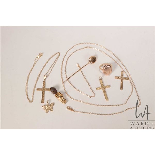 Selection of gold jewellery including 10kt 30" neck chain with broken clasp, three 10kt yellow gold 