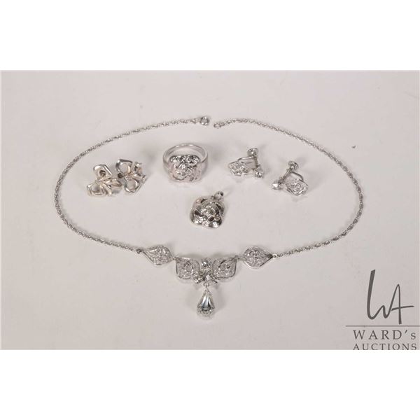 Selection of 925 silver jewellery including necklace, two pairs of earrings and a ring