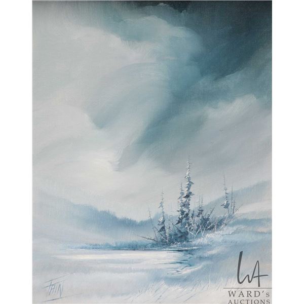 Chase Fain, framed acrylic on canvas painting of a trees in blue hues, 21" X 15"