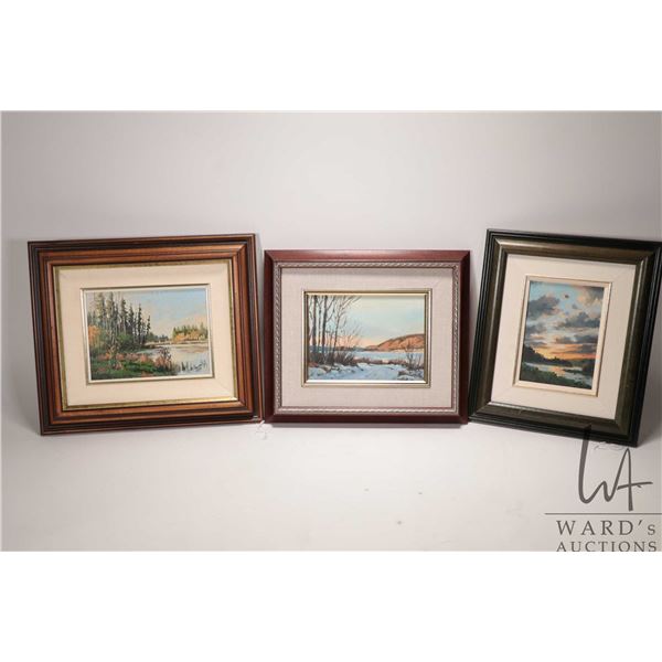 K. Sawatzky, three oil on board landscape painting including a gloomy sky landscape, 6 1/2" X 4 1/2"