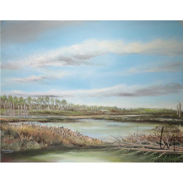 Richard Dixon, framed acrylic on canvas painting of a marshland under blue sky, 23" X 30"