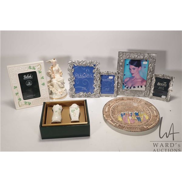Two tray lots of collectibles including Belleek and Seagull Pewter picture frames, boxed set of mini