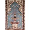 Image 2 : Small silk blend fringed area carpet with blue background, bird and fountain motif and highlights of