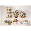 Image 1 : Five porcelain florals and a brass and glass display with miniature floral and two stone carvings in