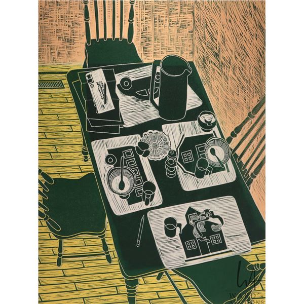 Lorna Lively framed limited edition print "Post Modern Breakfast, pencil signed by artist 12/14,over