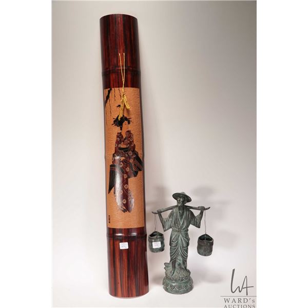 Japanese bamboo wall hanging of a lady in a Kimono and a copper alloy sculpture of a man carrying bu