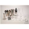 Image 1 : Selection of bar items including martini shaker and four martini glasses, strainer, mixers, glass wi