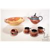 Image 1 : Artisan made and hand signed teapot with grain elevator finial and three clay teacups and saucers pl