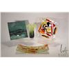 Image 1 : Three colourful art glass plates and a 8" art glass vase