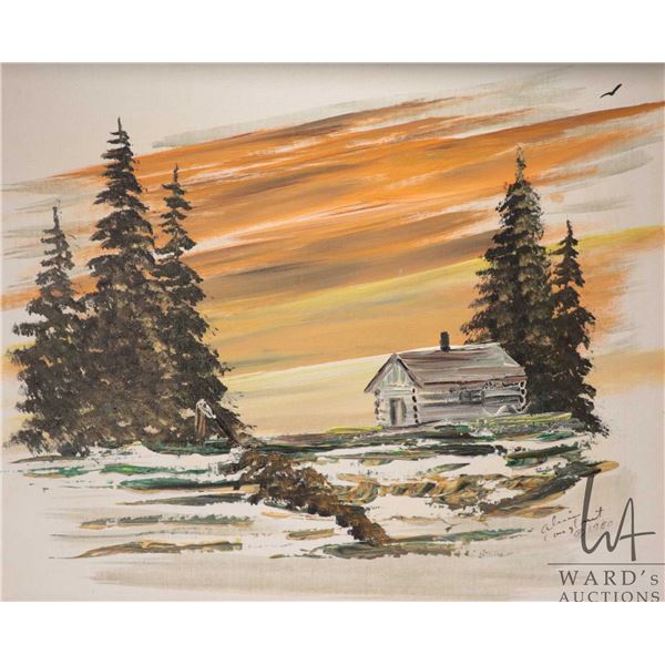 Alvin (Wandering Spirit) Elif Constant, acrylic on board painting of a log cabin in a winter setting