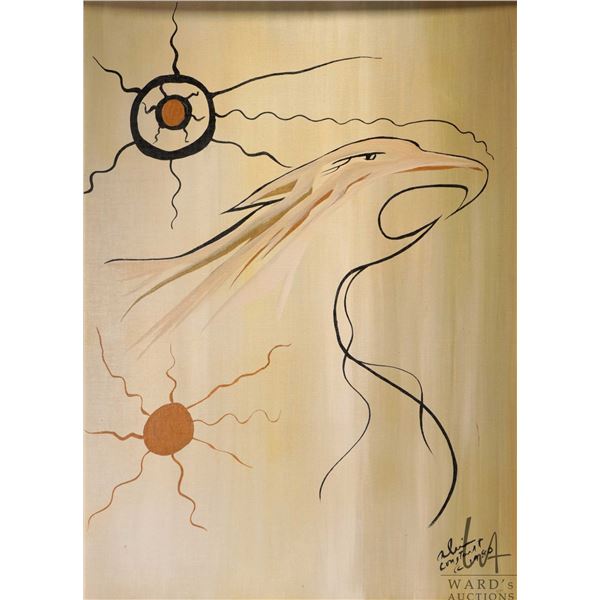 Alvin (Wandering Spirit) Elif Constant, acrylic canvas painting of a thunderbird, dated 1980, 29 1/2