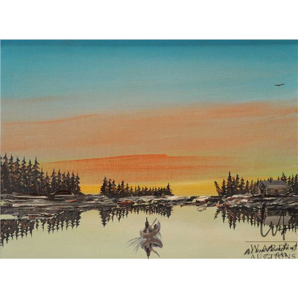 Alvin (Wandering Spirit) Elif Constant, acrylic on canvas painting of a figure canoeing at sunset, d