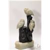 Image 1 : Soaptone carving of three owls on a wooden tree stamp with soapstone base, no artist signature seen,