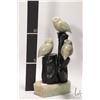 Image 2 : Soaptone carving of three owls on a wooden tree stamp with soapstone base, no artist signature seen,