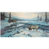 Image 1 : Karl E. Wood, framed limited edition print of an elk graving in winter, pencil signed by artist 213/