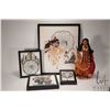 Image 1 : Four framed Indigenous needleworks and a artist made 16" doll