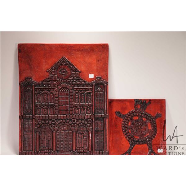 Vico, two artist signed wall mount glazed clay plaques depicting possibly a king and a castles inclu