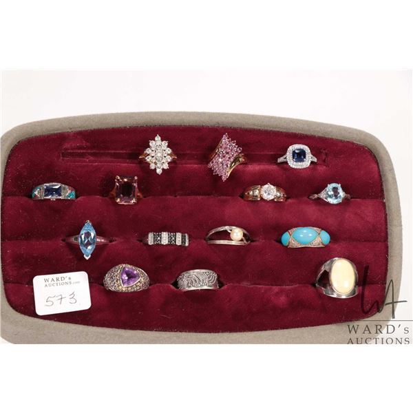 Tray lot of costume and sterling rings including gemstone set, sterling silver and ivory etc.