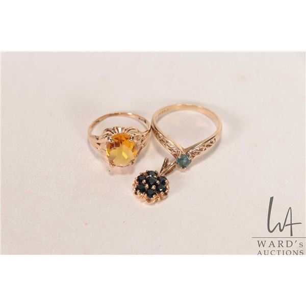 14kt yellow gold pendant set with blue sapphires and two gemstone set 10kt yellow gold rings
