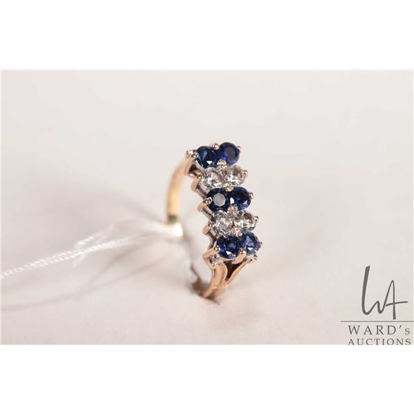 English 9ct yellow gold ring set with electronically tests gemstones, size 7