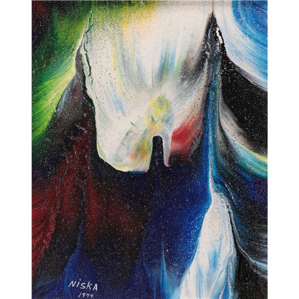 Niska, framed original acrylic on canvas painting, appears to be the Northern Lights, signed by arti