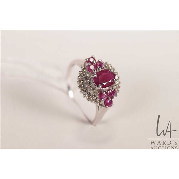 14kt white gold, ruby and diamonds gemstone ring, size 9.75
