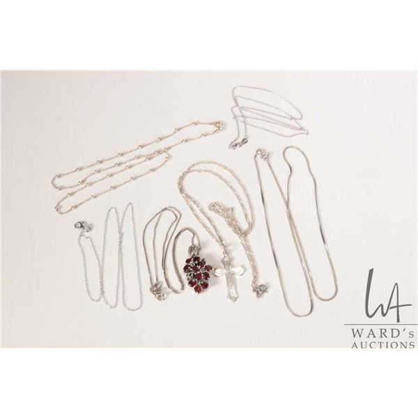 Six 925 sterling silver neck chains and two pendants including gemstone set garnets and marcasite an