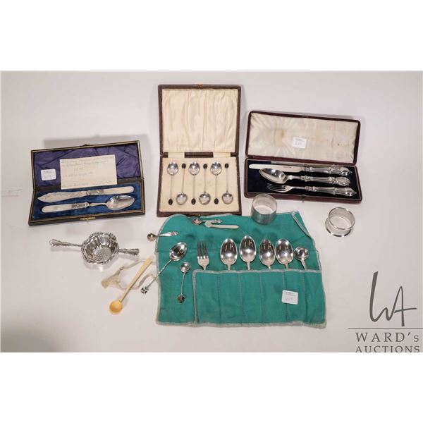 Tray lot of vintage and antique collectible silver including boxed flatware sets, boxed coffee spoon