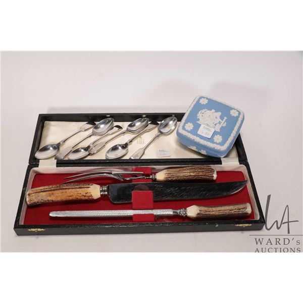 Birks boxed antler carving set a selection of silverplate fiddle spoons and a Wedgwood Jasperware tr