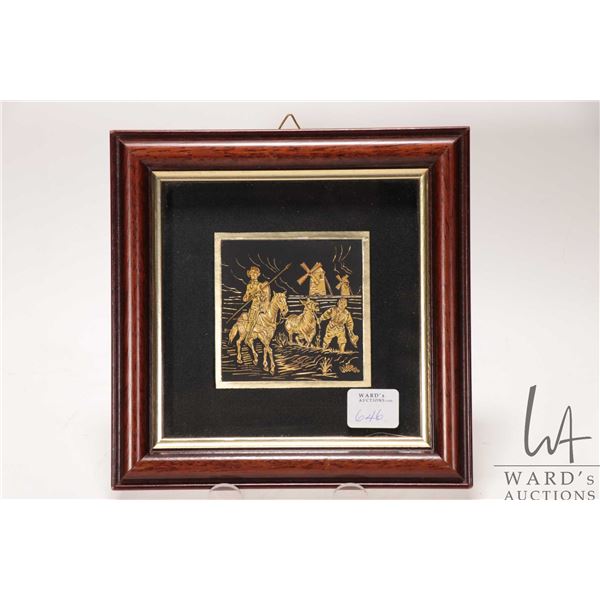 Framed 10kt gold plated Don Quixote plate, overall dimensions 7" X 7"