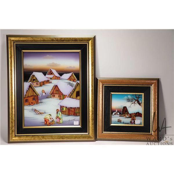 Davidovic Mile, two framed glass paintings of village winter scenes including 7" X 7" and a 12" X 16