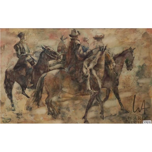 Leonard Tan, framed original watercolour painting of Turkish cowboys on horseback, 12" X 18"