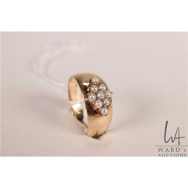 10kt yellow gold band set with nine tiny grey seed pearls, size 7.5