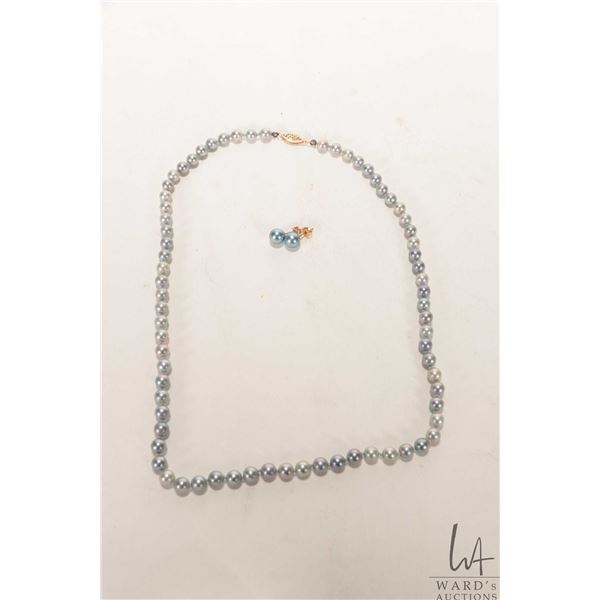 19" genuine pearl necklace with 14kt yellow gold clasp and a pair of 14kt yellow gold and pearl earr