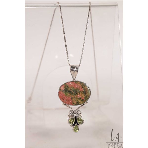 Sterling silver 18" box chain and a sterling sliver Unakite Jasper and peridot pendant