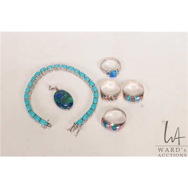 Sterling silver and turquoise/ turquoise like 8" bracelet, stone pendant, size 10 sterling silver ri