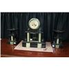 Image 1 : Antique French slate mantel clock with green marble columns, visible mercury pendulum, eight day bra