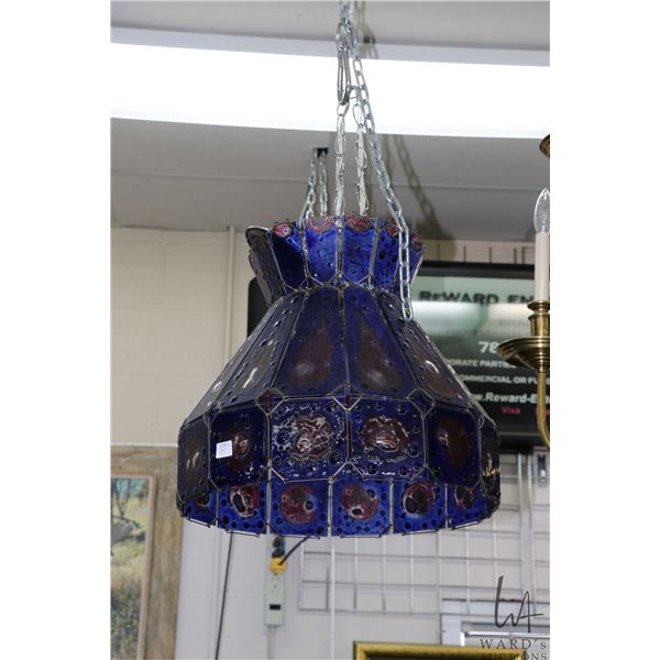 Mid century cobalt and fuschia fused art glass light fixture, possible Higgins/ HIggins style, 15" H